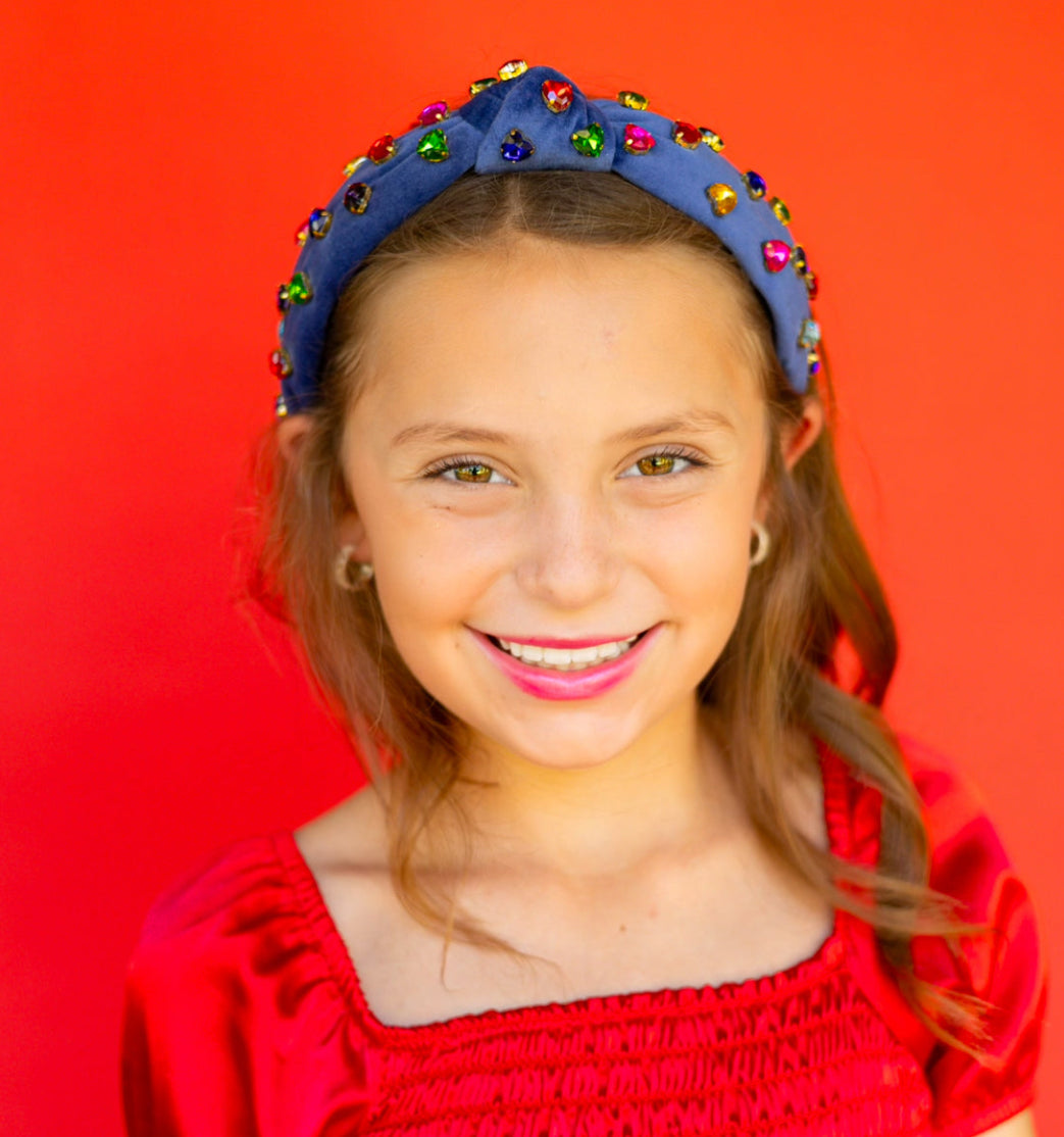 Kid and Tween Blue Velvet Knotted Headband with Heart Crystals