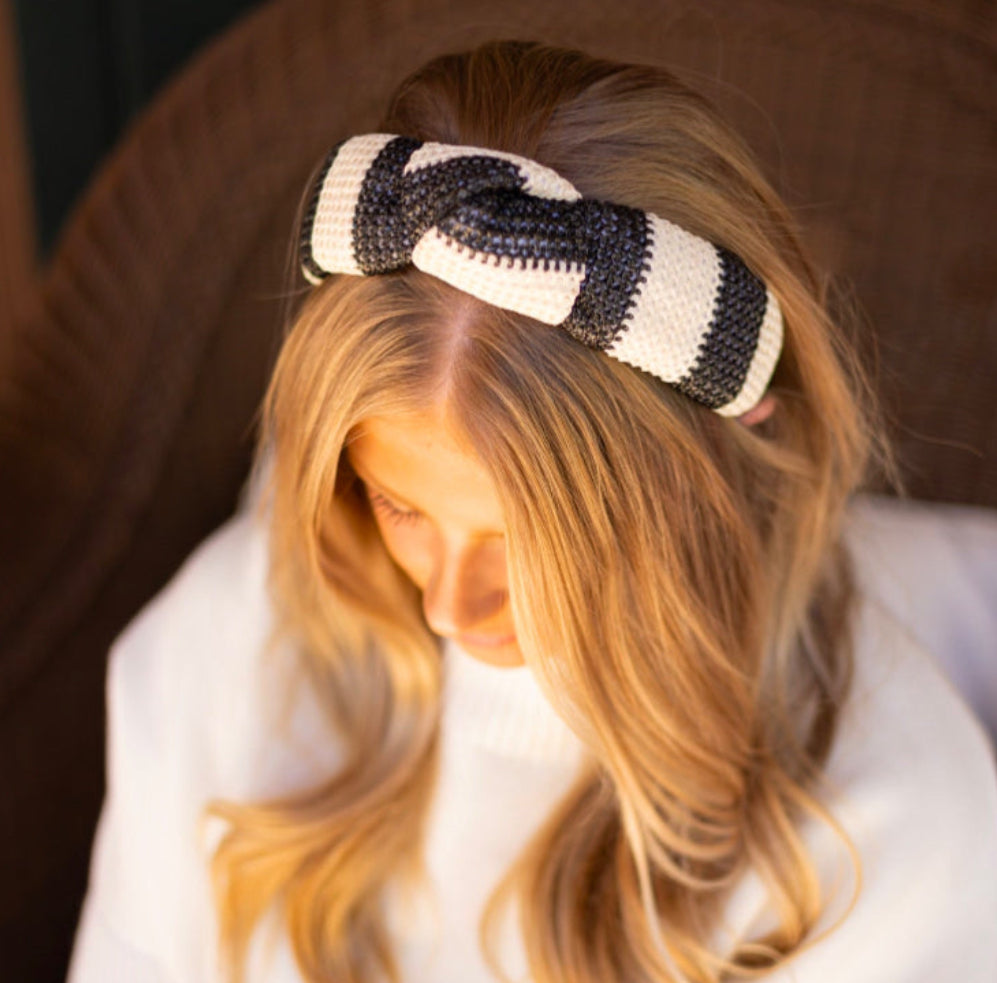 Adult Black and White Raffia Knotted Headband