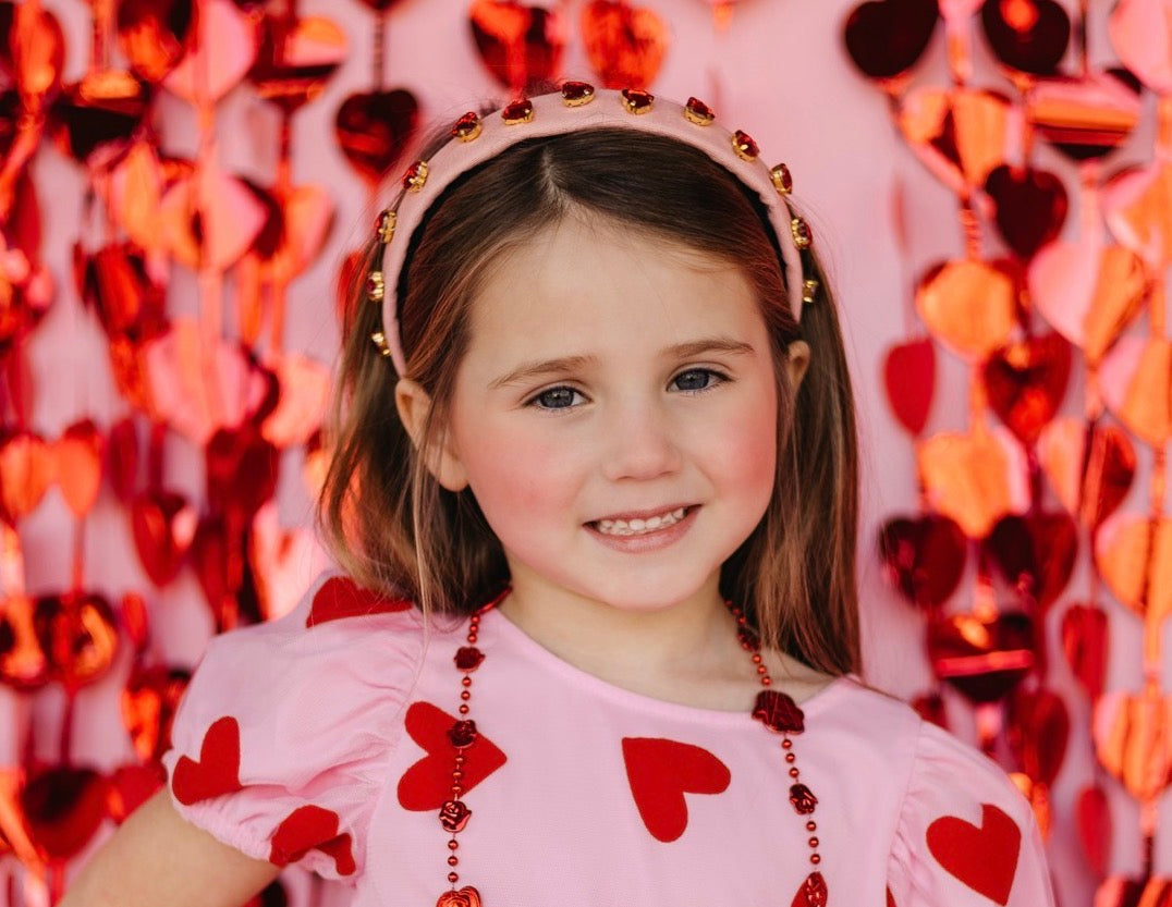 Kid and Tween Pink Headband with Red Heart Crystals