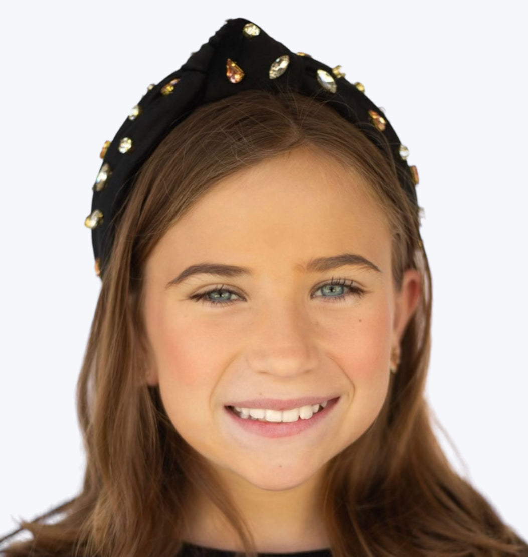 Tween Black Velvet Jeweled Knotted Headband