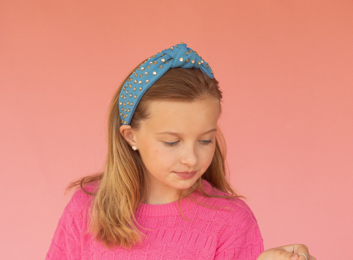 Kid and Tween Powder Blue Jeweled Knotted Headband