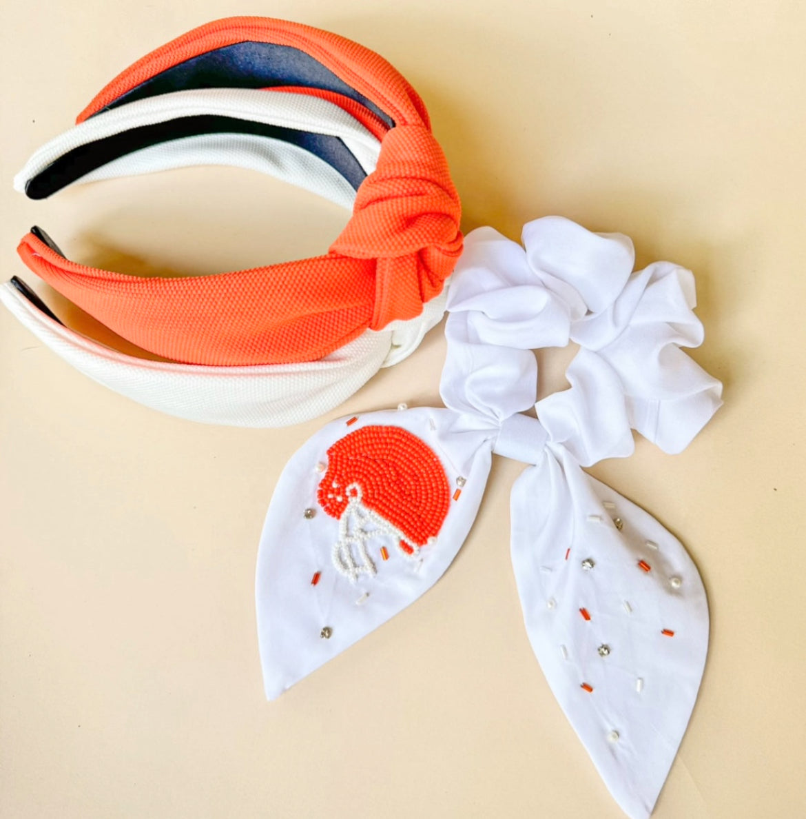 Orange and White Football Helmet Scrunchie