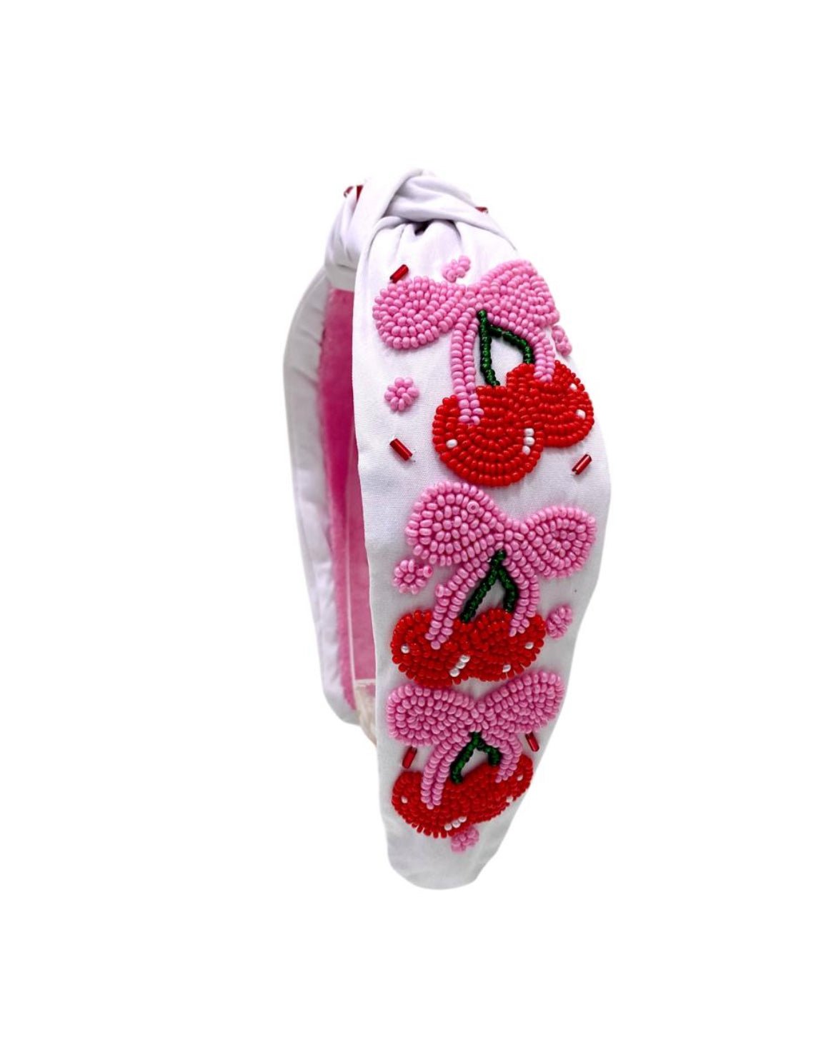 Red Cherry And Pink Bow Beaded Knotted Headband