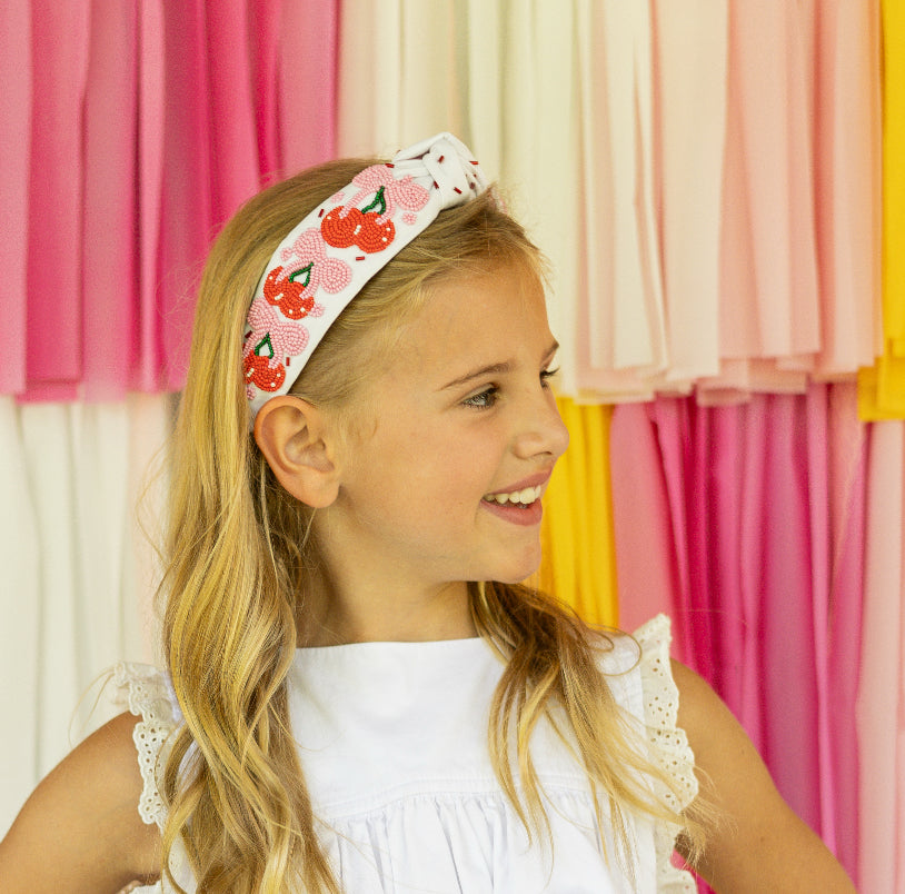 Red Cherry And Pink Bow Beaded Knotted Headband