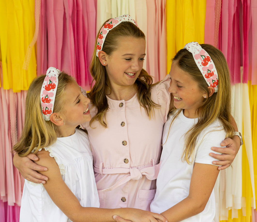 Red Cherry And Pink Bow Beaded Knotted Headband