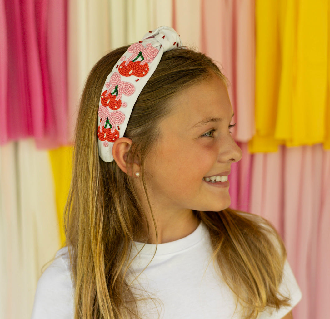 Red Cherry And Pink Bow Beaded Knotted Headband