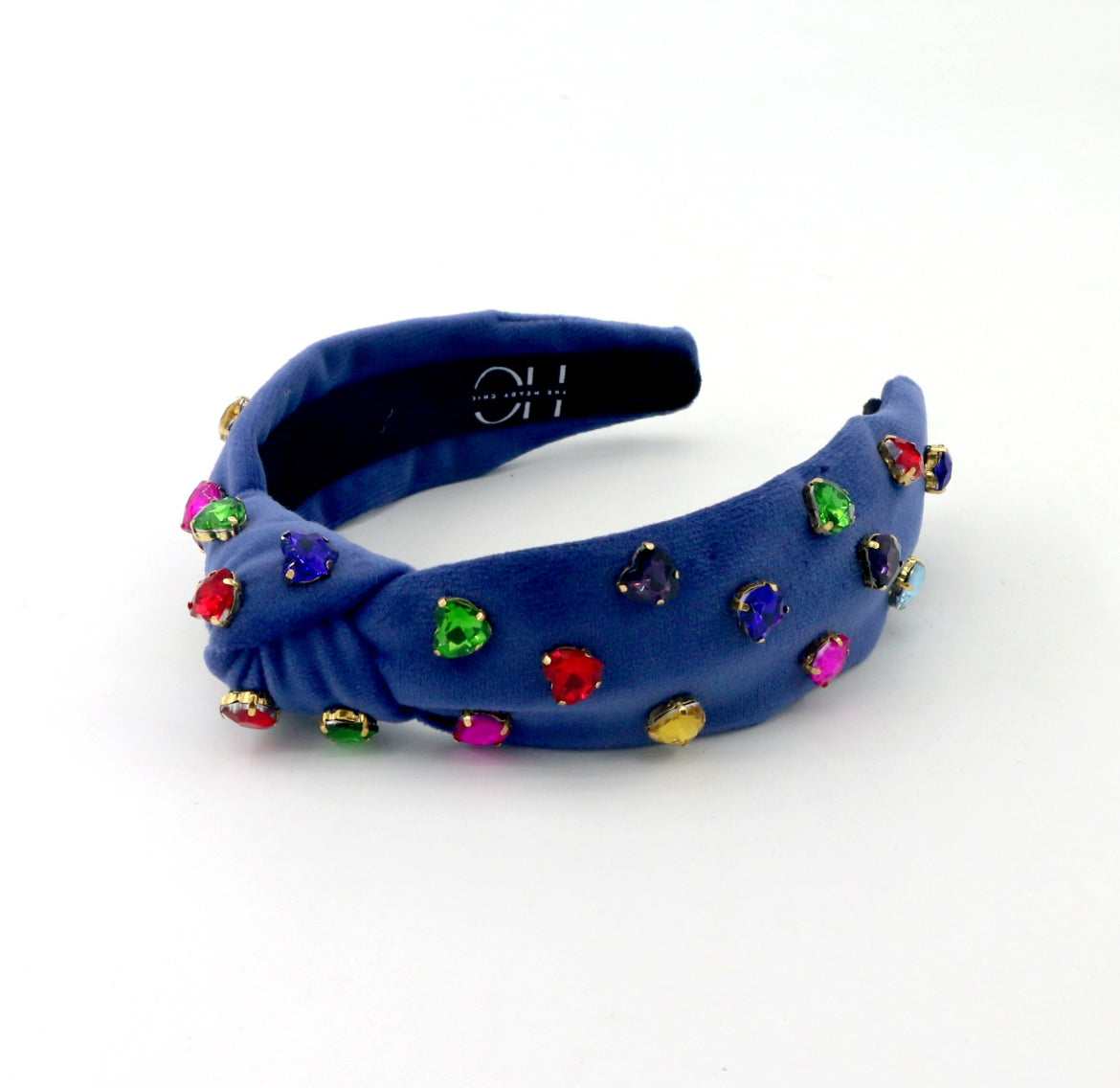 Kid and Tween Blue Velvet Knotted Headband with Heart Crystals