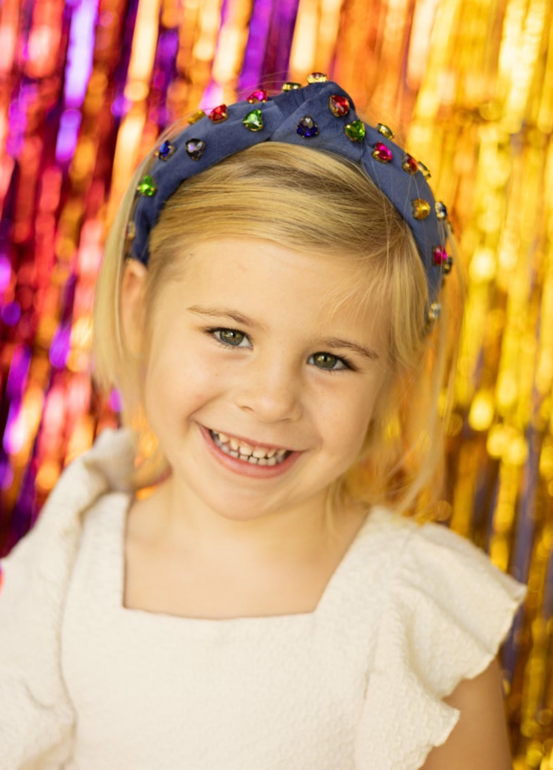 Kid and Tween Blue Velvet Knotted Headband with Heart Crystals