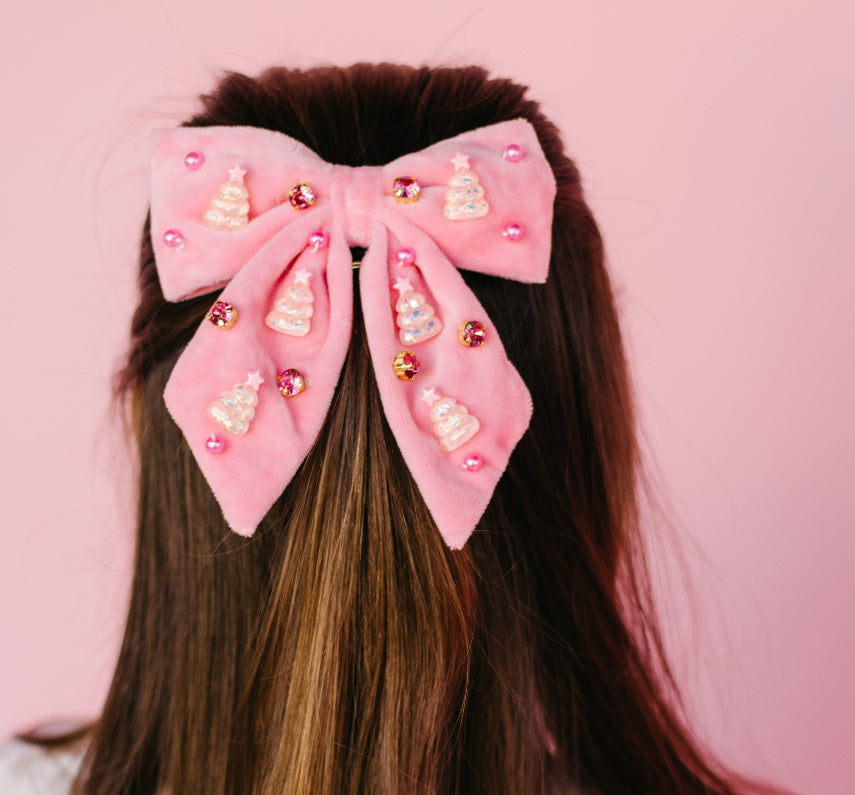 Kid Pink Velvet Christmas Tree Hair Bow