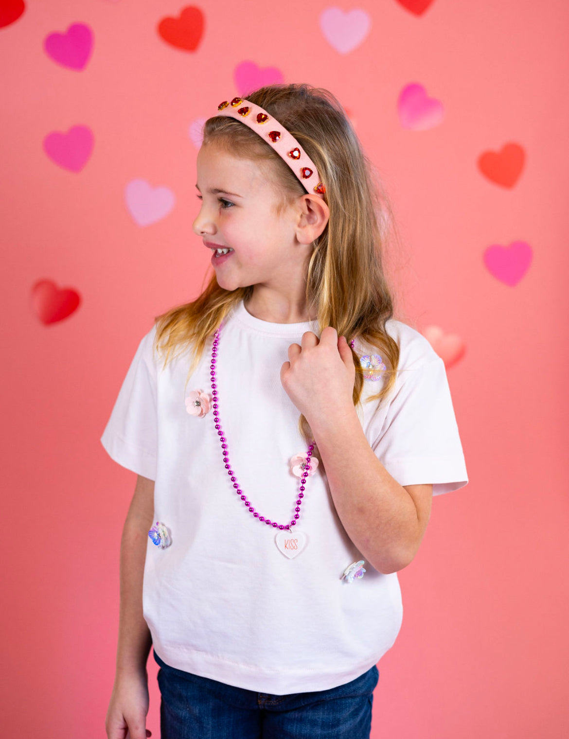 Kid and Tween Pink Headband with Red Heart Crystals