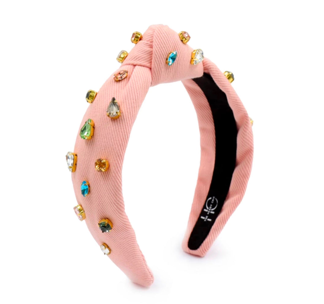 Kid and Tween Pink Denim Jeweled Knotted Headband