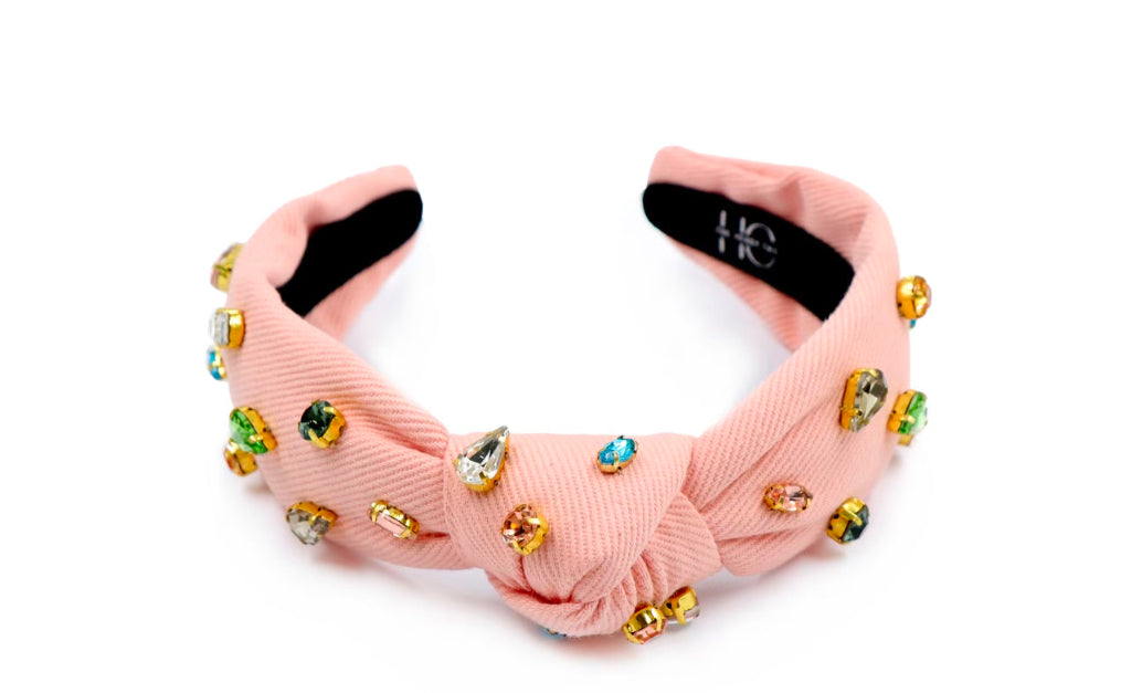 Kid and Tween Pink Denim Jeweled Knotted Headband