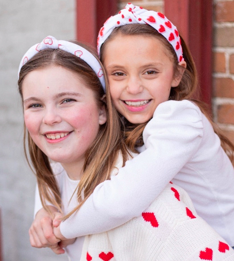 Kid White Knotted Headband With Hearts