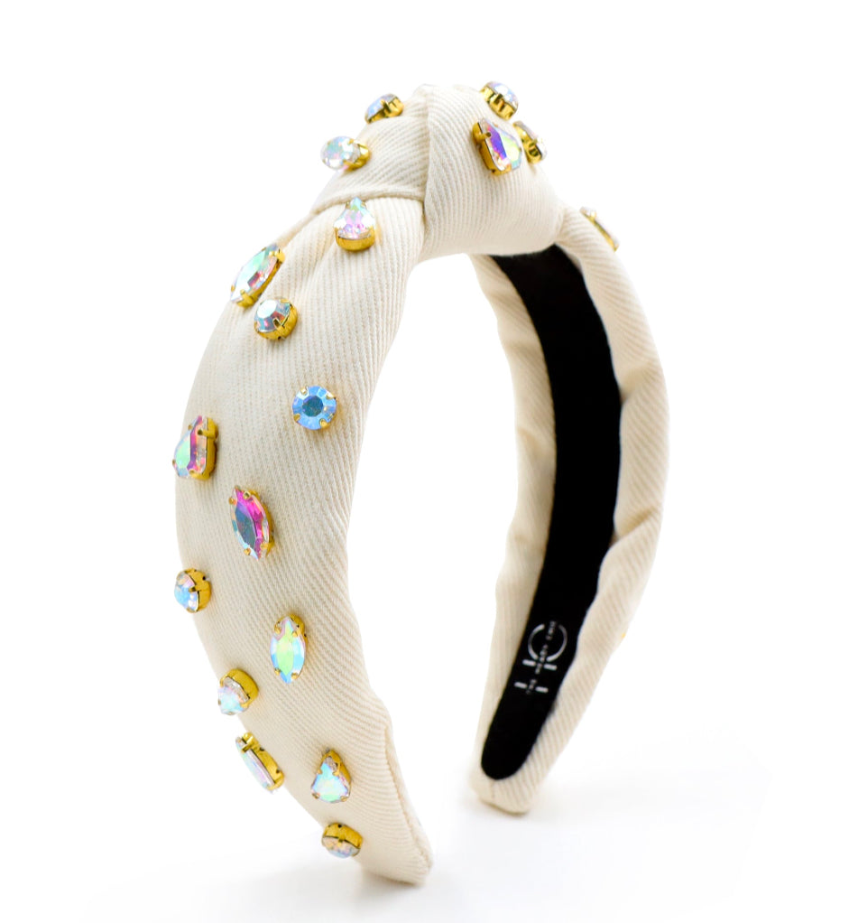 Kid and Tween Ivory Denim Jeweled Knotted Headband