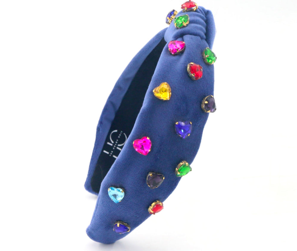 Kid and Tween Blue Velvet Knotted Headband with Heart Crystals