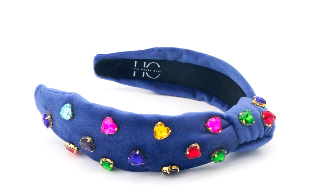 Kid and Tween Blue Velvet Knotted Headband with Heart Crystals