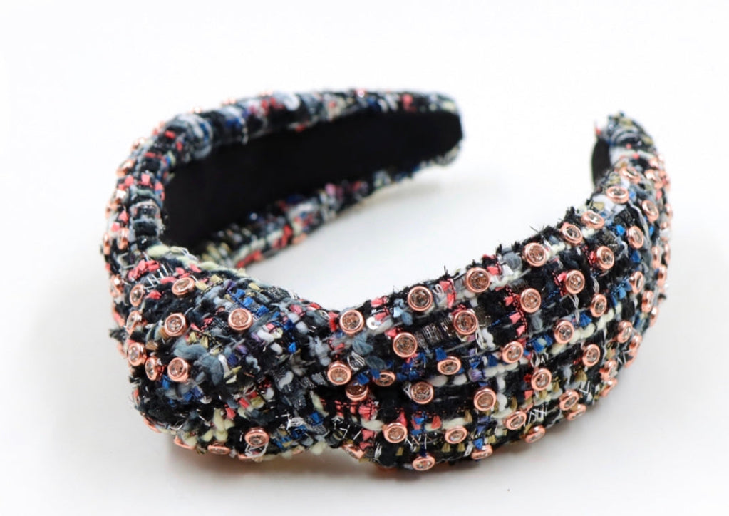 Adult Black Rainbow Tweed Knotted Headband
