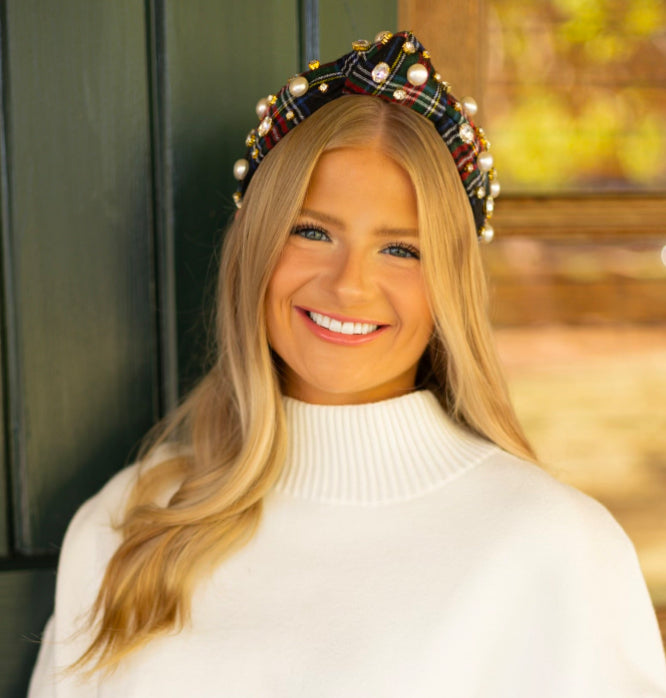 Adult Plaid Knotted Headband with Pearls and Crystals