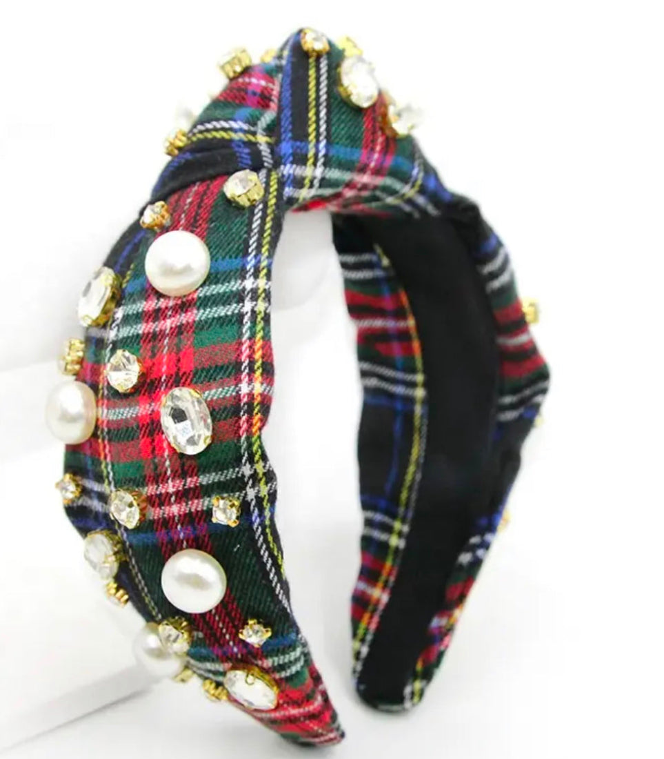 Adult Plaid Knotted Headband with Pearls and Crystals