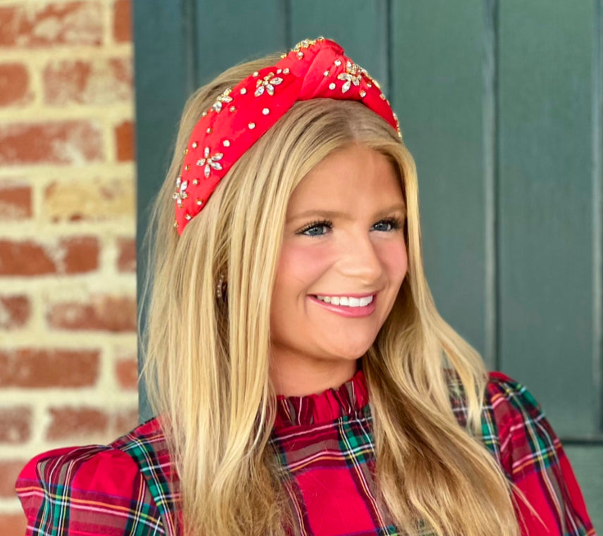 Adult Christmas Red Velvet Knotted Headband with Crystals
