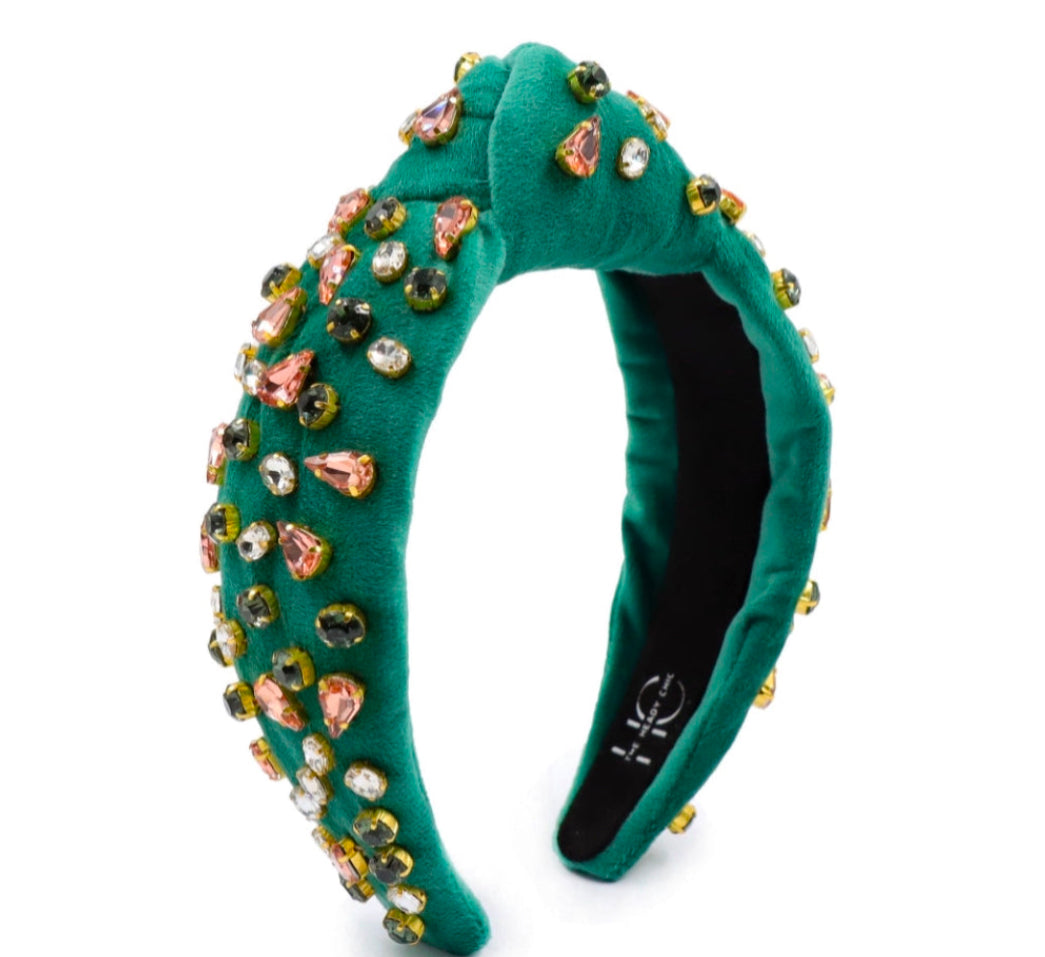 Adult Green Velvet Jeweled Knotted Headband