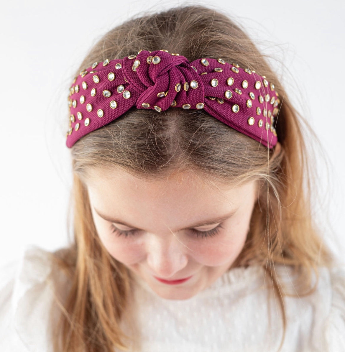 Kid and Tween Burgundy Jeweled Knotted Headband