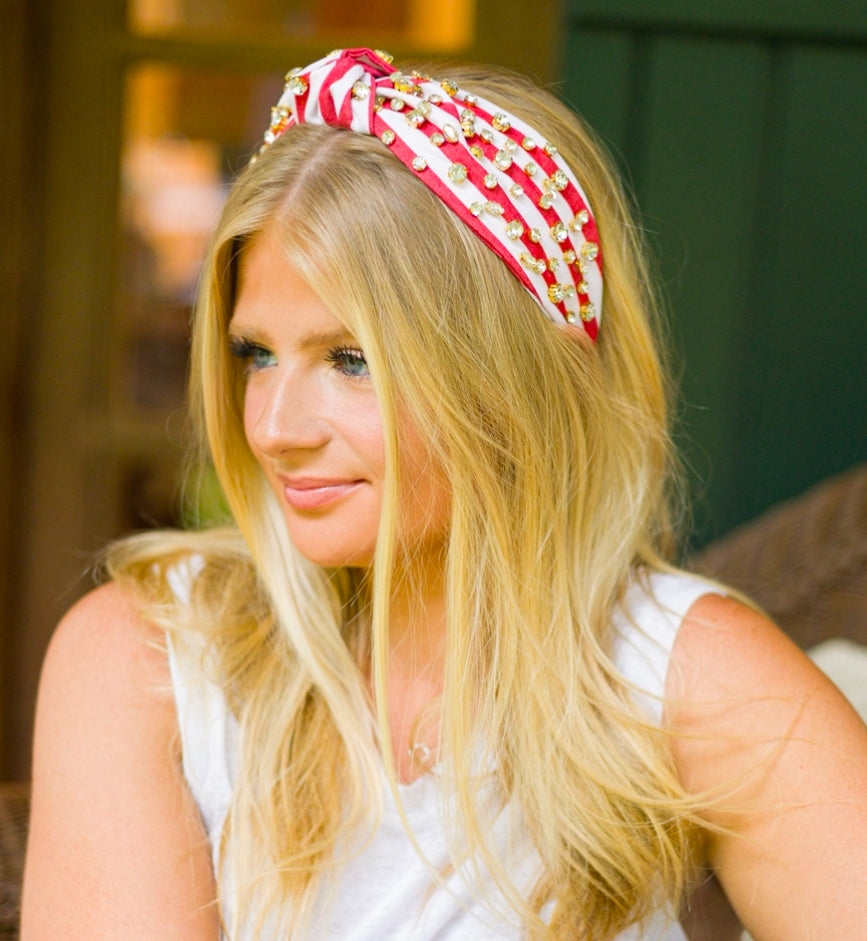 Adult Red and White Stripe Knotted Headband with Embellishments
