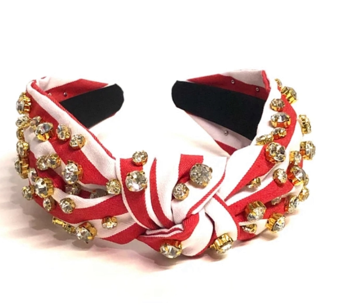 Adult Red and White Stripe Knotted Headband with Embellishments
