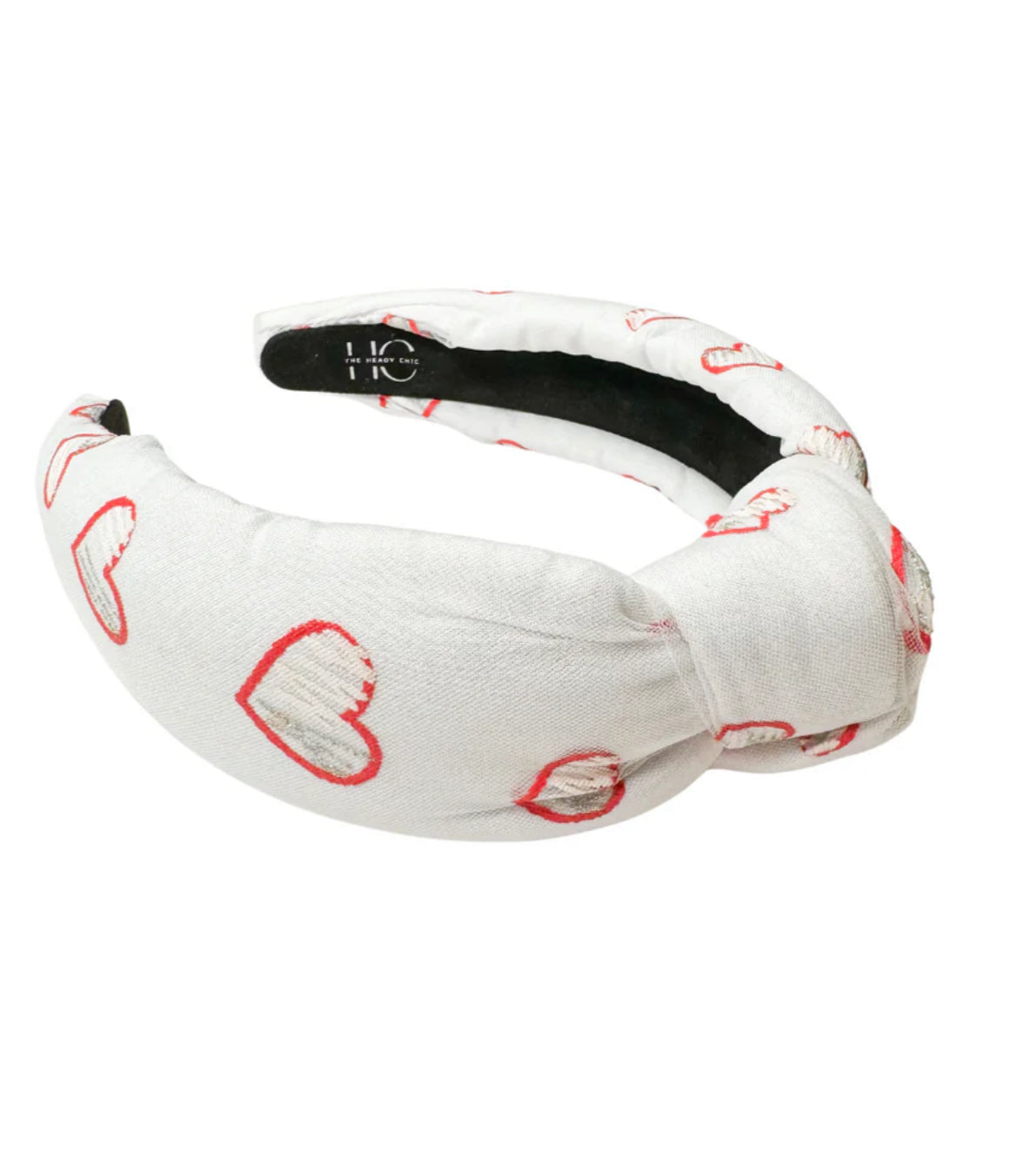 Adult White Knotted Headband with Red Hearts