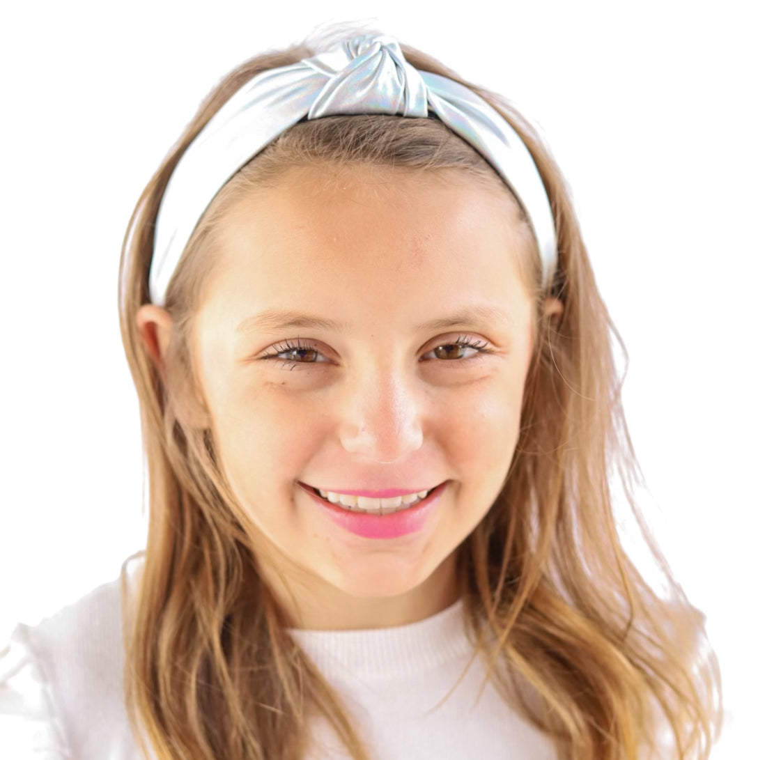 Kid and Tween Iridescent Silver Pearl Metallic Knotted Headband