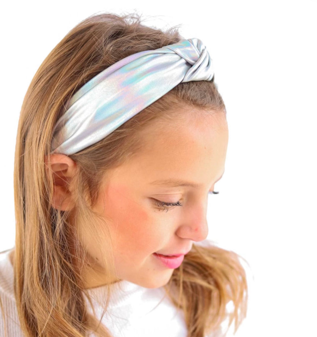 Kid and Tween Iridescent Silver Pearl Metallic Knotted Headband
