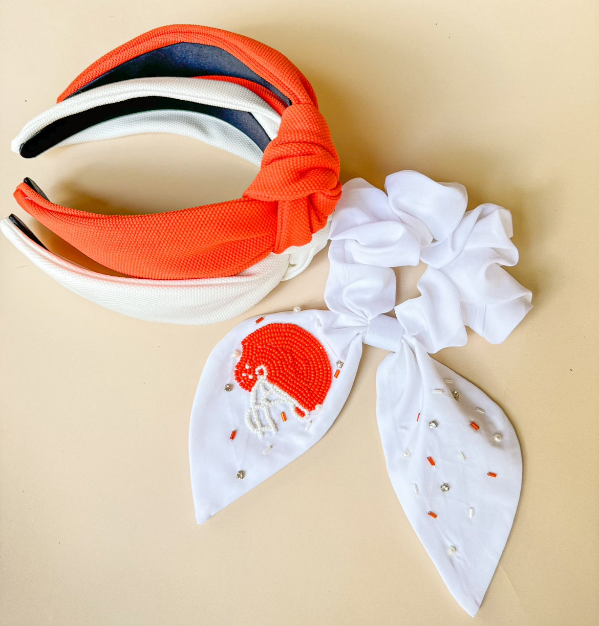 Orange and White Football Helmet Scrunchie