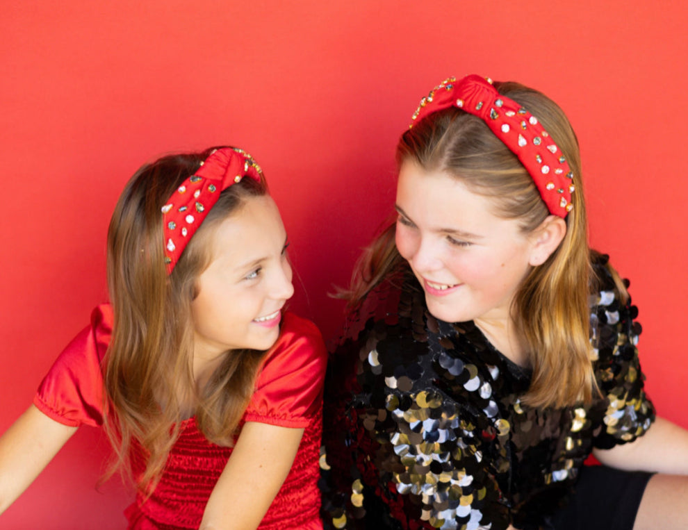 Kid and Tween Red Velvet Jeweled Knotted Headband