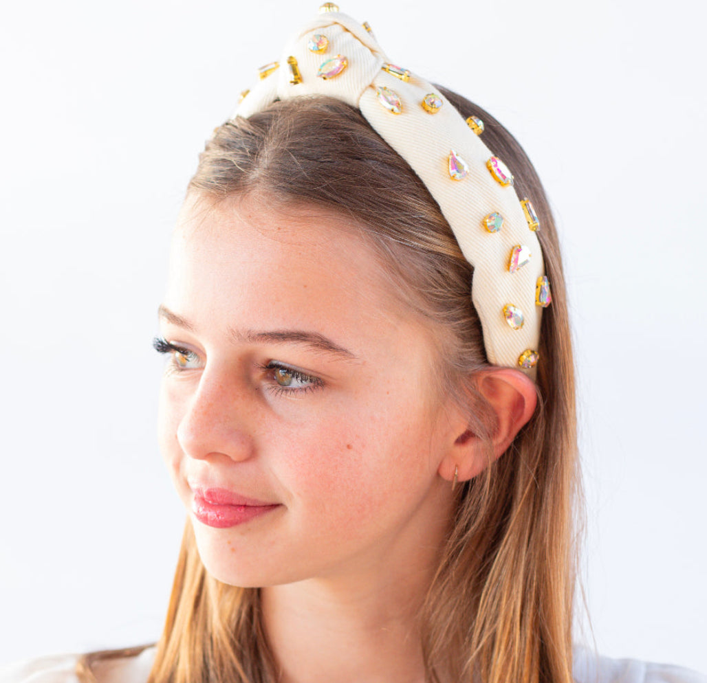 Kid and Tween Ivory Denim Jeweled Knotted Headband