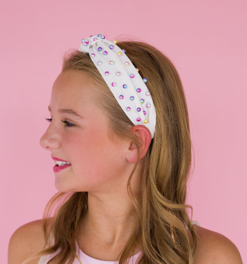 Kid and Tween White Candy Pearl Knotted Headband