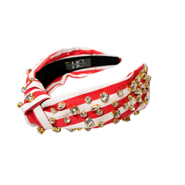 Adult Red & White Stripe Knotted Headband with Embellishments