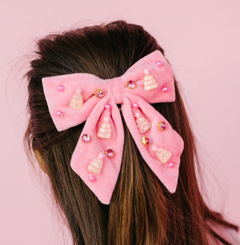 Kid Pink Velvet Christmas Tree Hair Bow