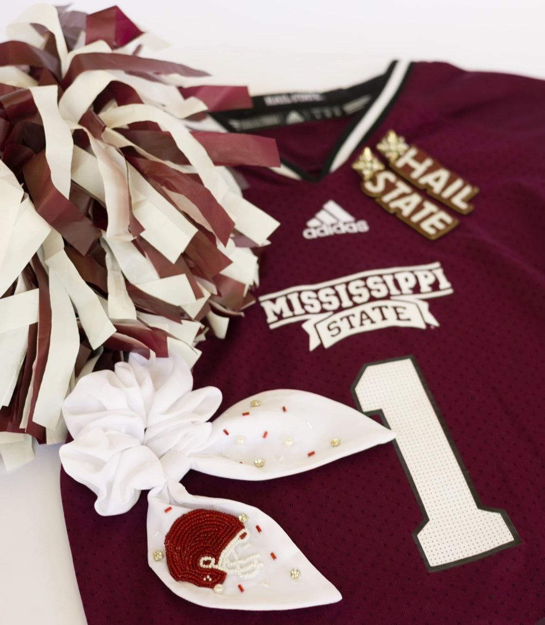 Maroon and White Football Helmet Scrunchie