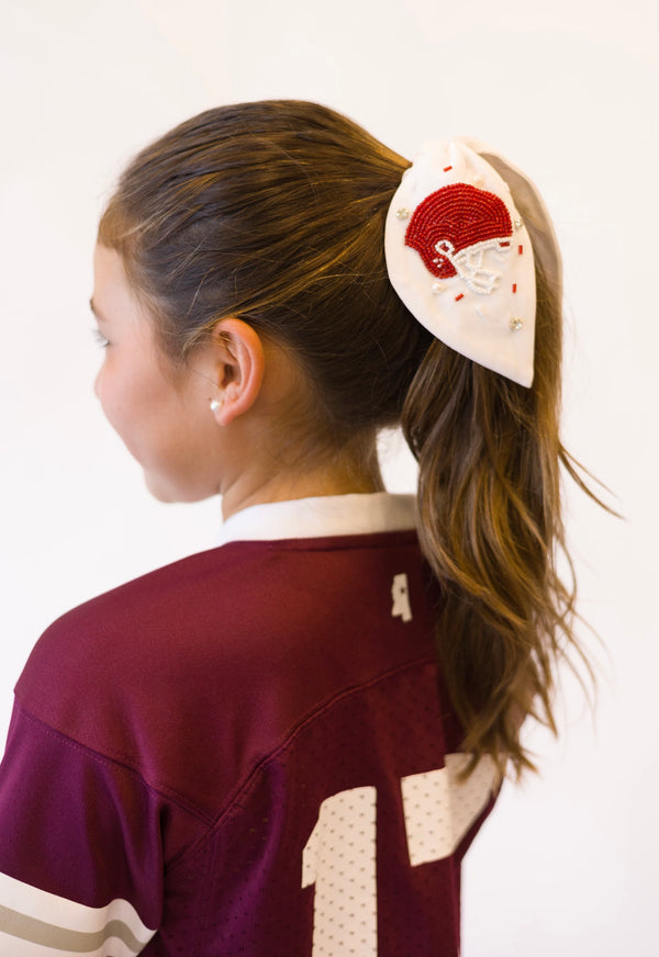 Maroon and White Football Helmet Scrunchie