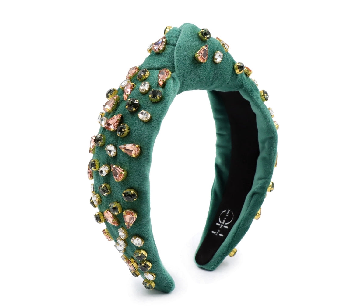 Adult Green Velvet Jeweled Knotted Headband