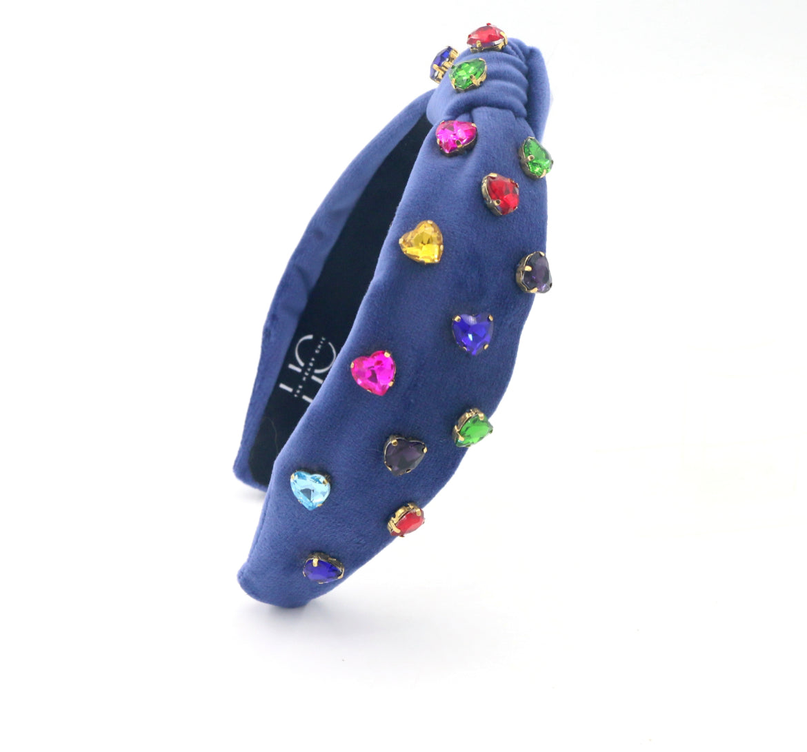 Kid and Tween Blue Velvet Knotted Headband with Heart Crystals