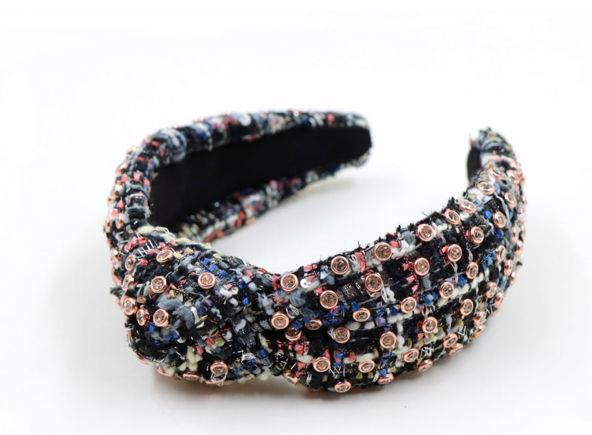 Adult Black Rainbow Tweed Knotted Headband