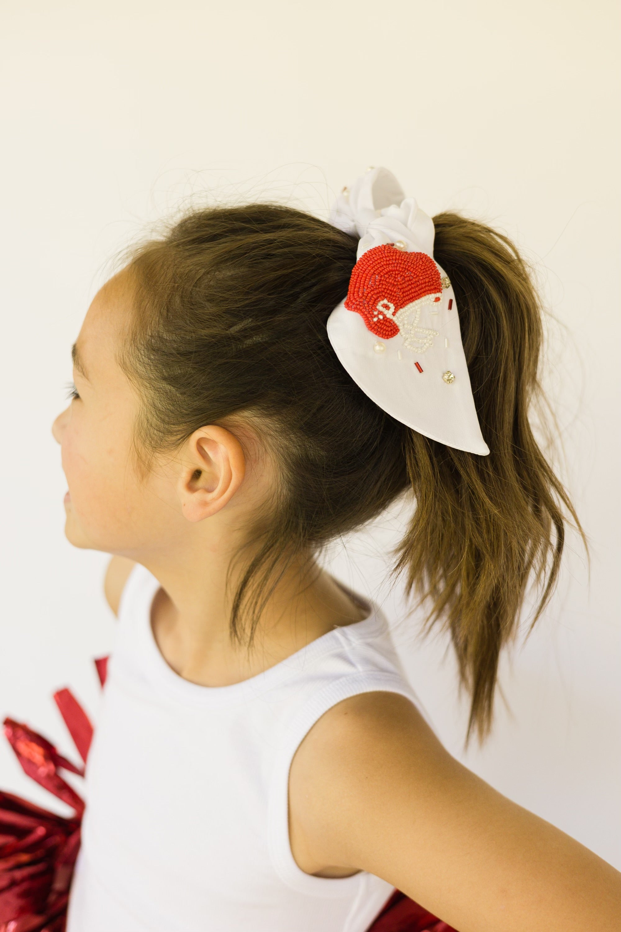 Red and White Football Helmet Scrunchie