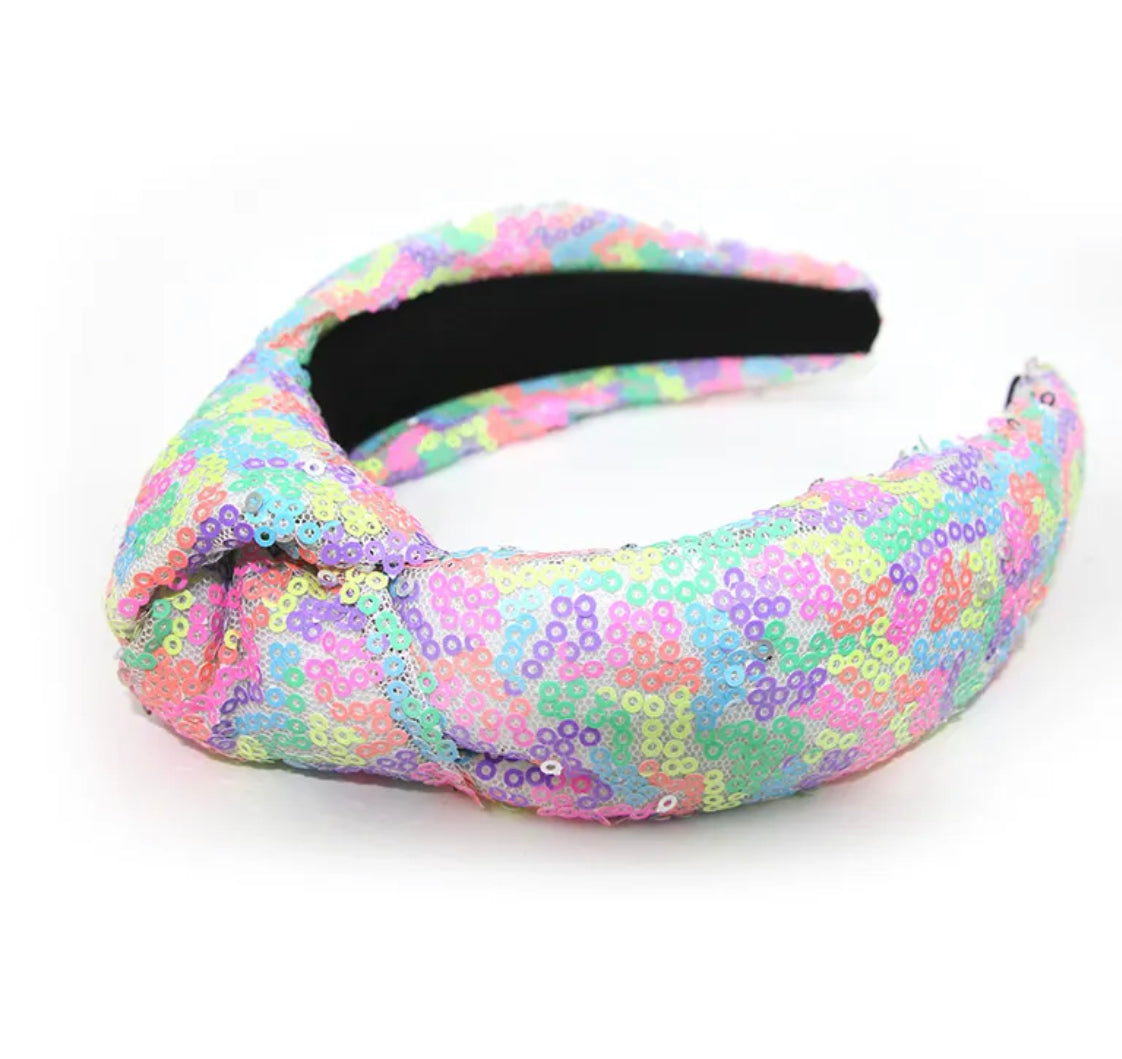 Kid and Tween Pastel Multi- Color Padded Sequin Knotted Headband