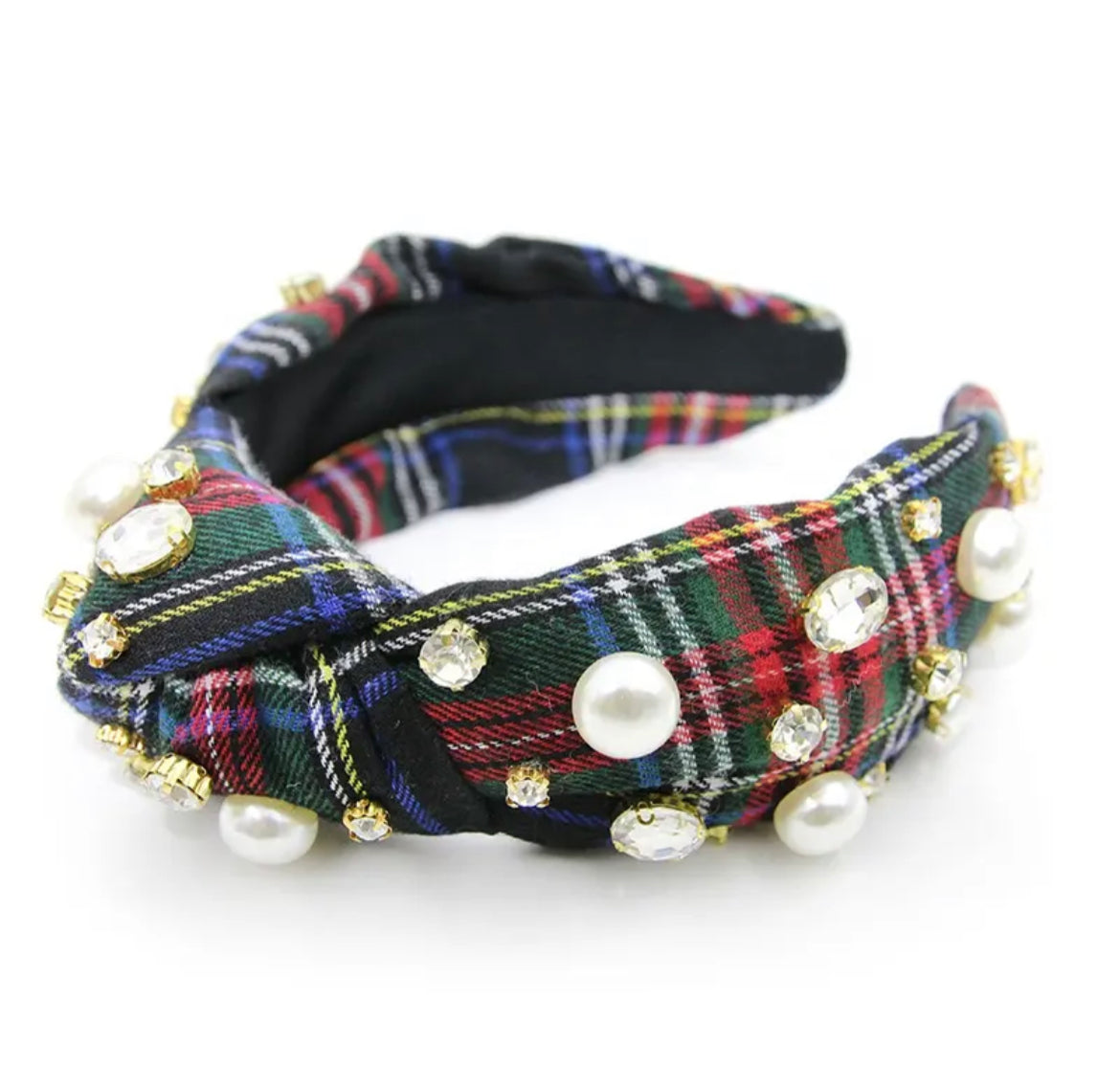 Adult Plaid Knotted Headband with Pearls and Crystals