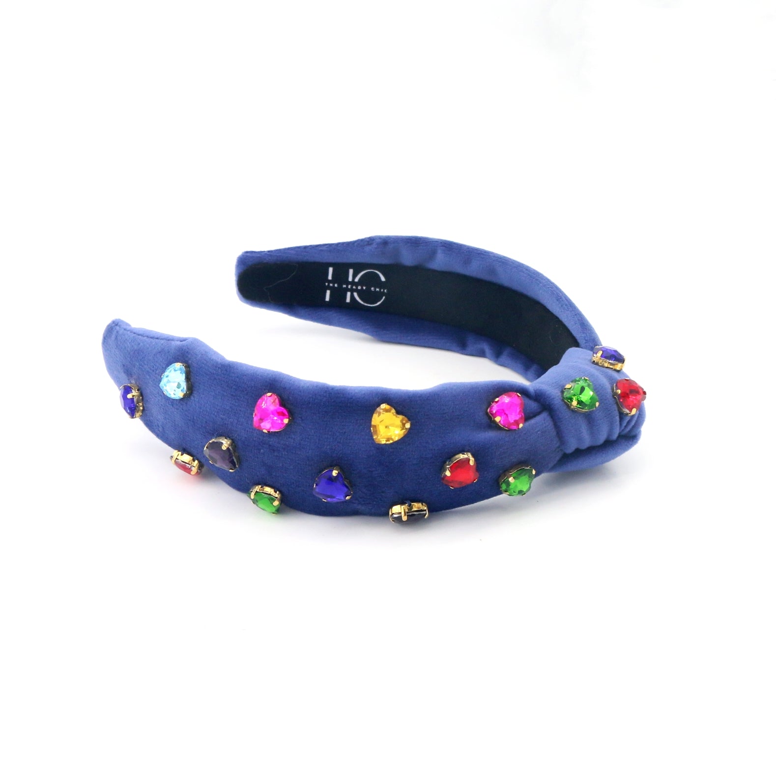 Kid and Tween Blue Velvet Knotted Headband with Heart Crystals