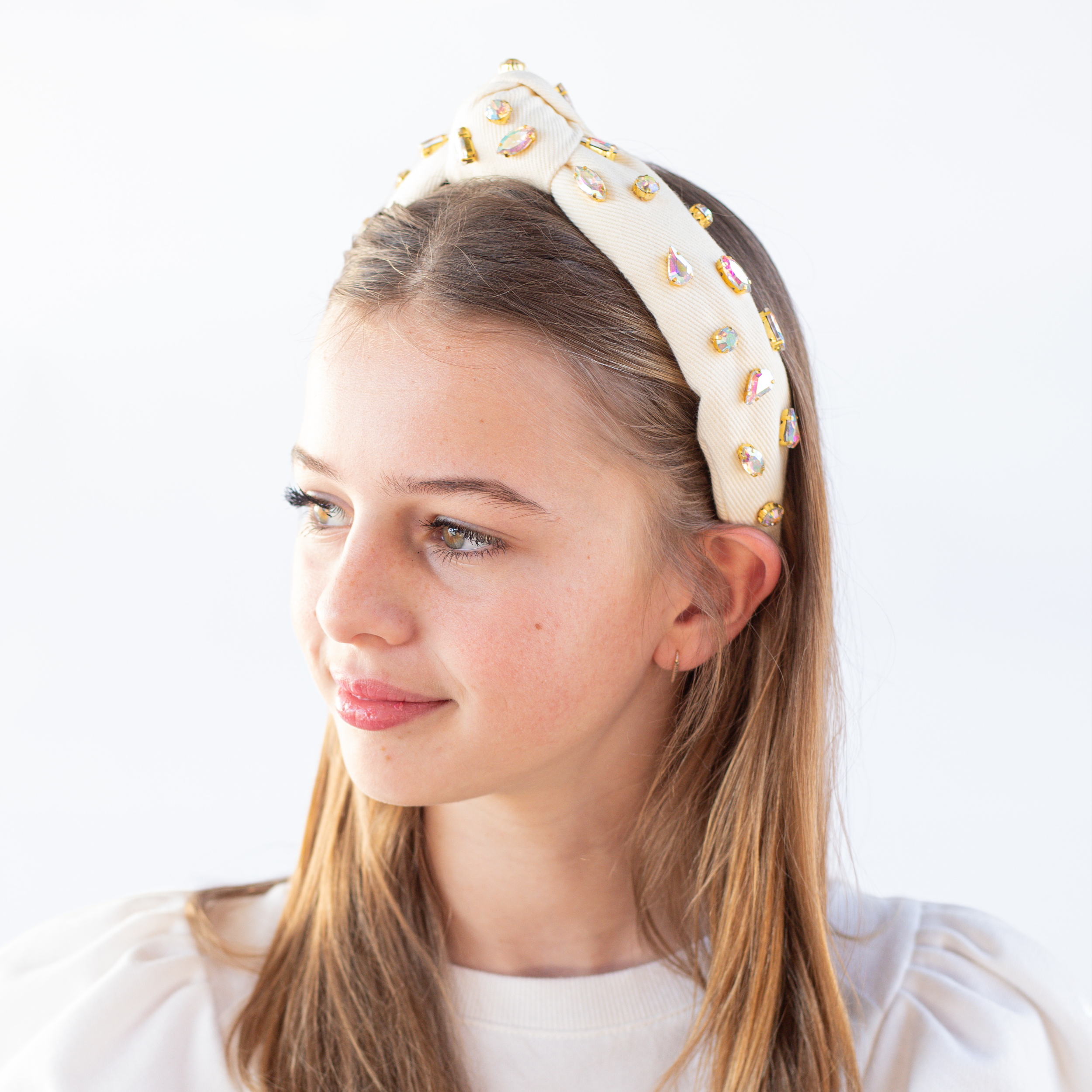 Kid and Tween Ivory Denim Jeweled Knotted Headband