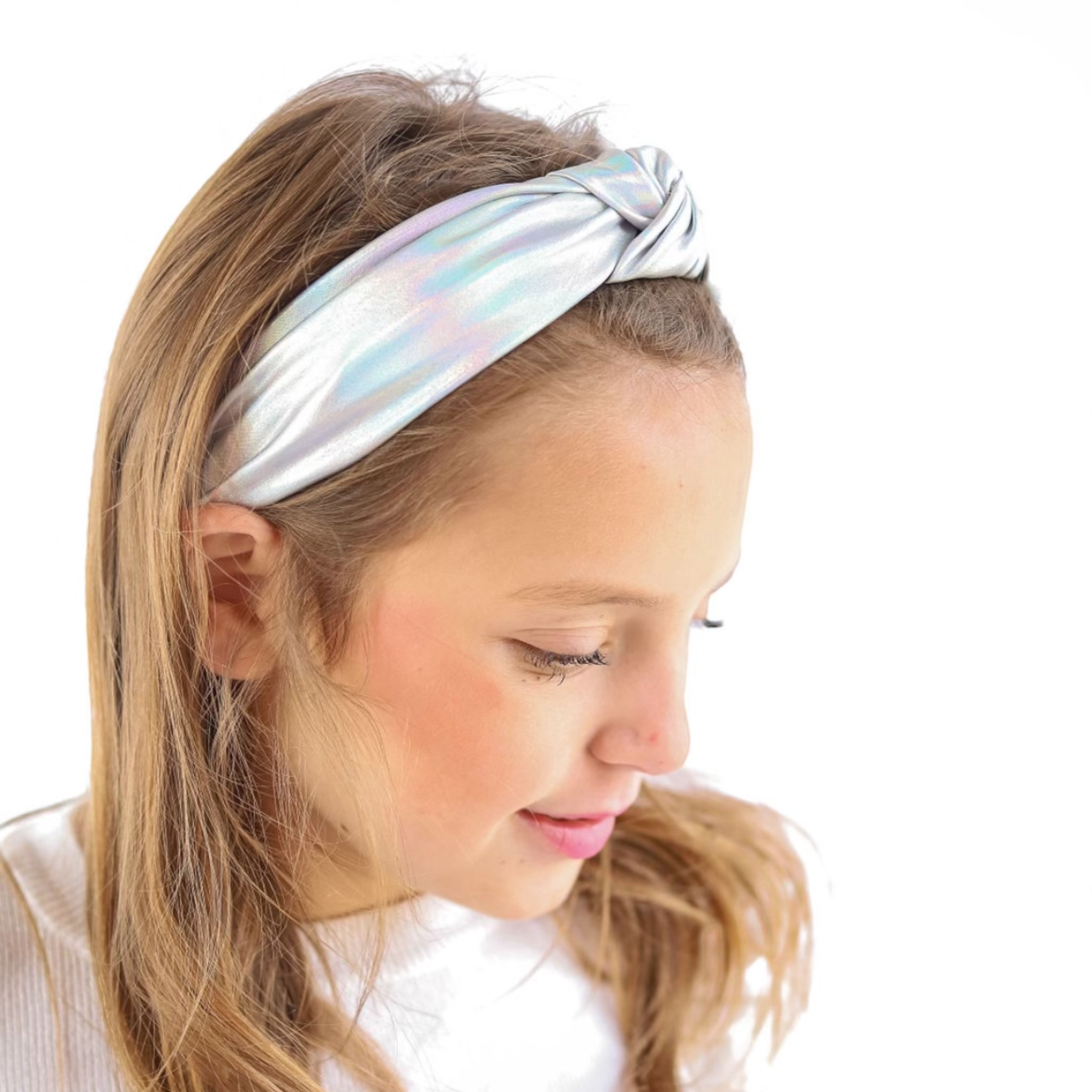 Kid and Tween Iridescent Silver Pearl Metallic Knotted Headband