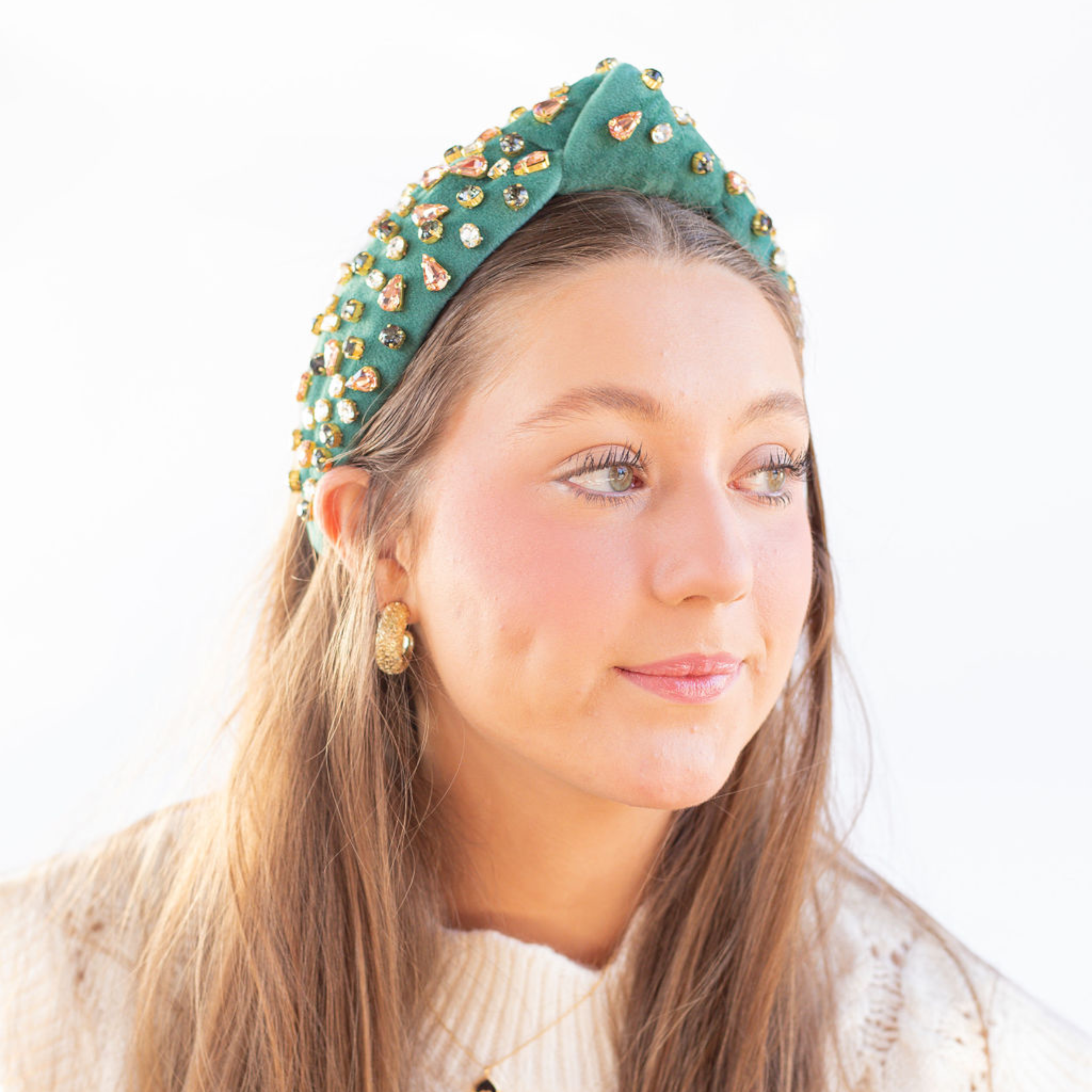 Adult Green Velvet Jeweled Knotted Headband