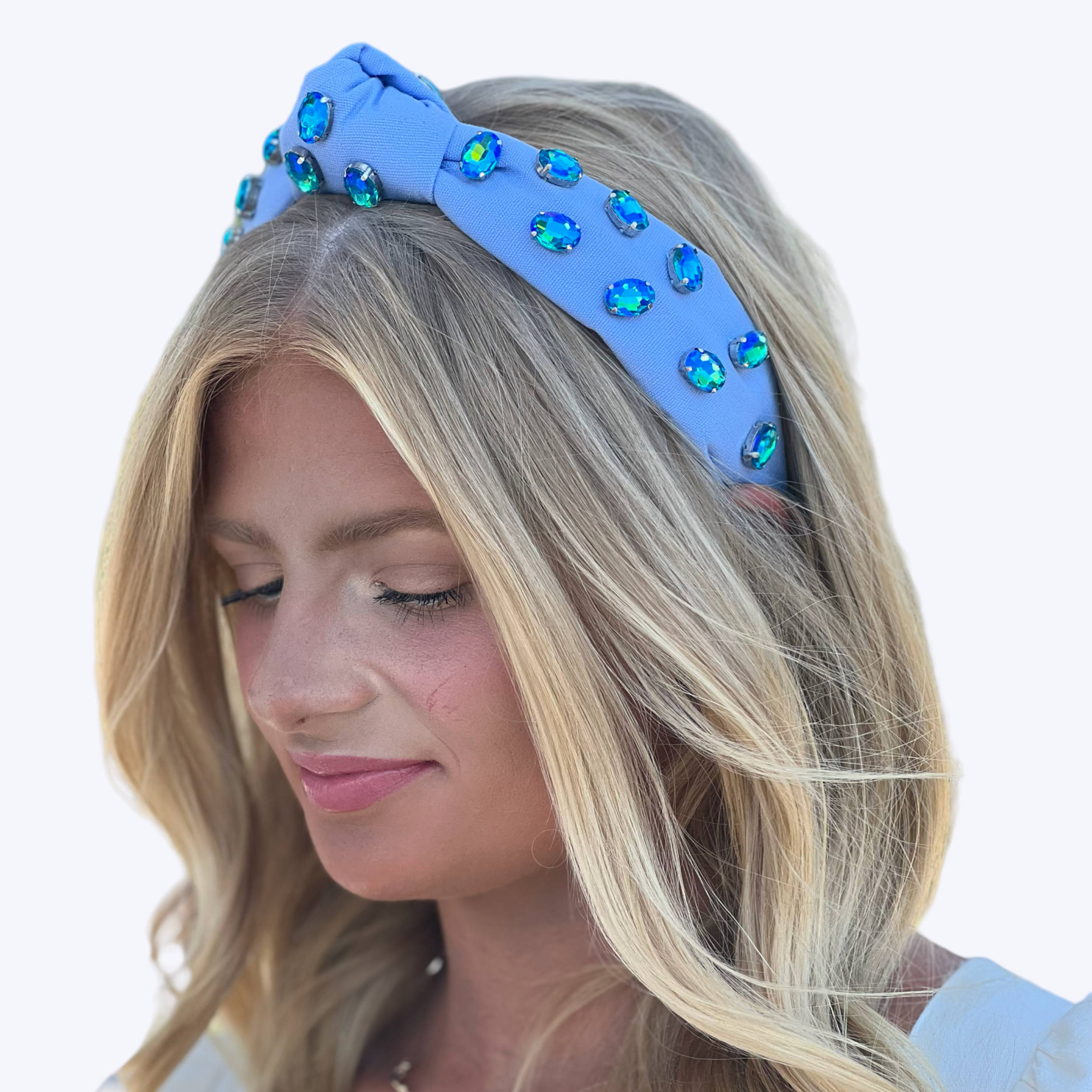 Adult Blue Knotted Headband with Blue Crystals